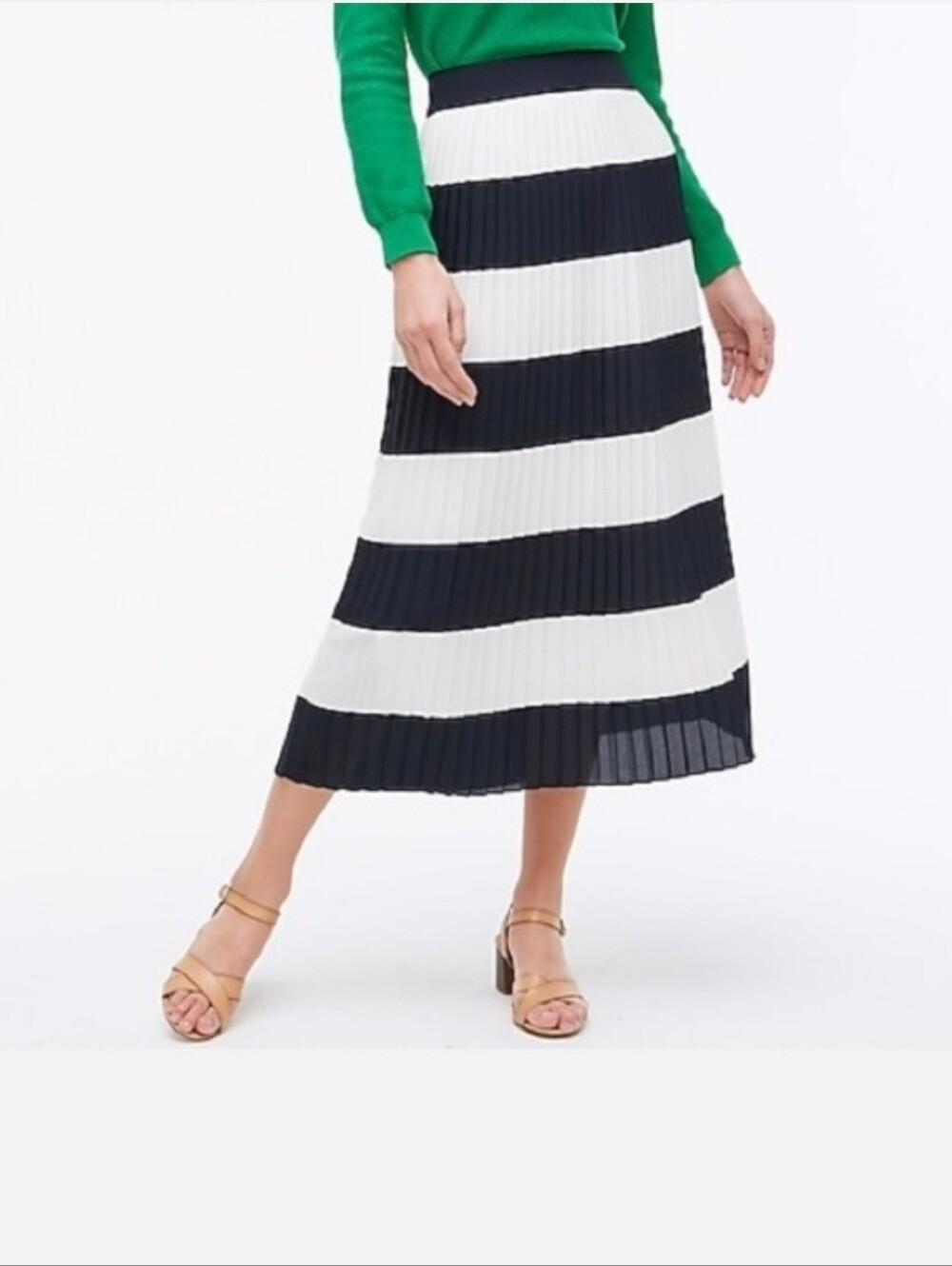 J. Crew Black & White Horizontal Stripe Pleated Midi Skirt